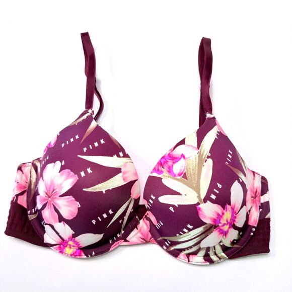 VS PINK Wear Everywhere T-Shirt Lightly Lined Bra - Maroon Pink Floral - 32D - Picture 2 of 7